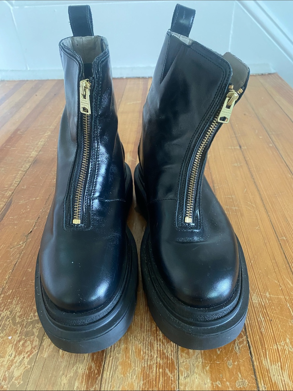 AllSaints Black Leather Front-Zip Chelsea Boots with Gold Hardware